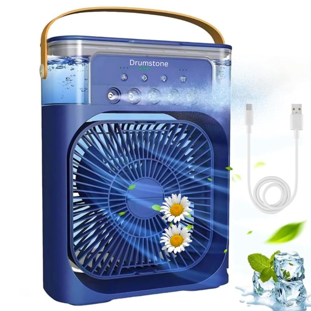 Drumstone 𝟏𝟓 𝐘𝐞𝐚𝐫𝐬 𝐖𝐚𝐫𝐫𝐚𝐧𝐭𝐲 Portable Personal Air Cooler Fan & Mini AC | 3 Speeds, 7 LED Colors, USB Powered | Evaporative Humidifier with Timer | Desktop Cooling for Home, Bedroom