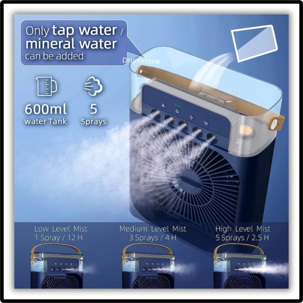 Drumstone 𝟏𝟓 𝐘𝐞𝐚𝐫𝐬 𝐖𝐚𝐫𝐫𝐚𝐧𝐭𝐲 Portable Personal Air Cooler Fan & Mini AC | 3 Speeds, 7 LED Colors, USB Powered | Evaporative Humidifier with Timer | Desktop Cooling for Home, Bedroom
