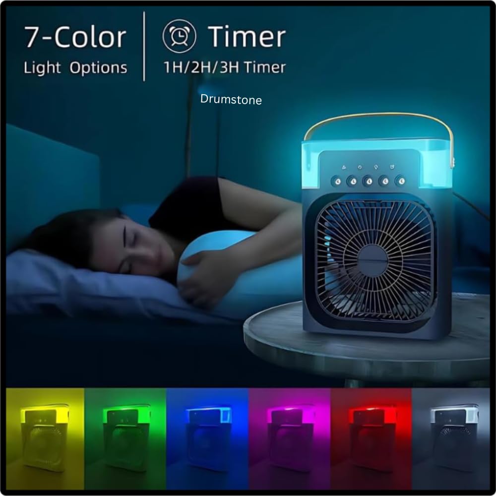 Drumstone 𝟏𝟓 𝐘𝐞𝐚𝐫𝐬 𝐖𝐚𝐫𝐫𝐚𝐧𝐭𝐲 Portable Personal Air Cooler Fan & Mini AC | 3 Speeds, 7 LED Colors, USB Powered | Evaporative Humidifier with Timer | Desktop Cooling for Home, Bedroom