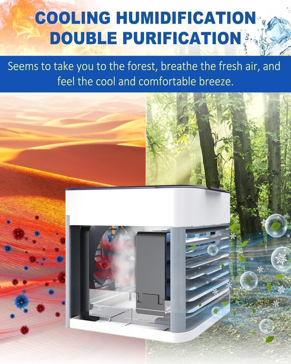 Portable Air Cooler – 3-in-1 Evaporative Mini Air Conditioner with 3 Speeds, USB Powered Personal Space Cooler, LED Night Light for Bedroom, Office, Kitchen & Camping