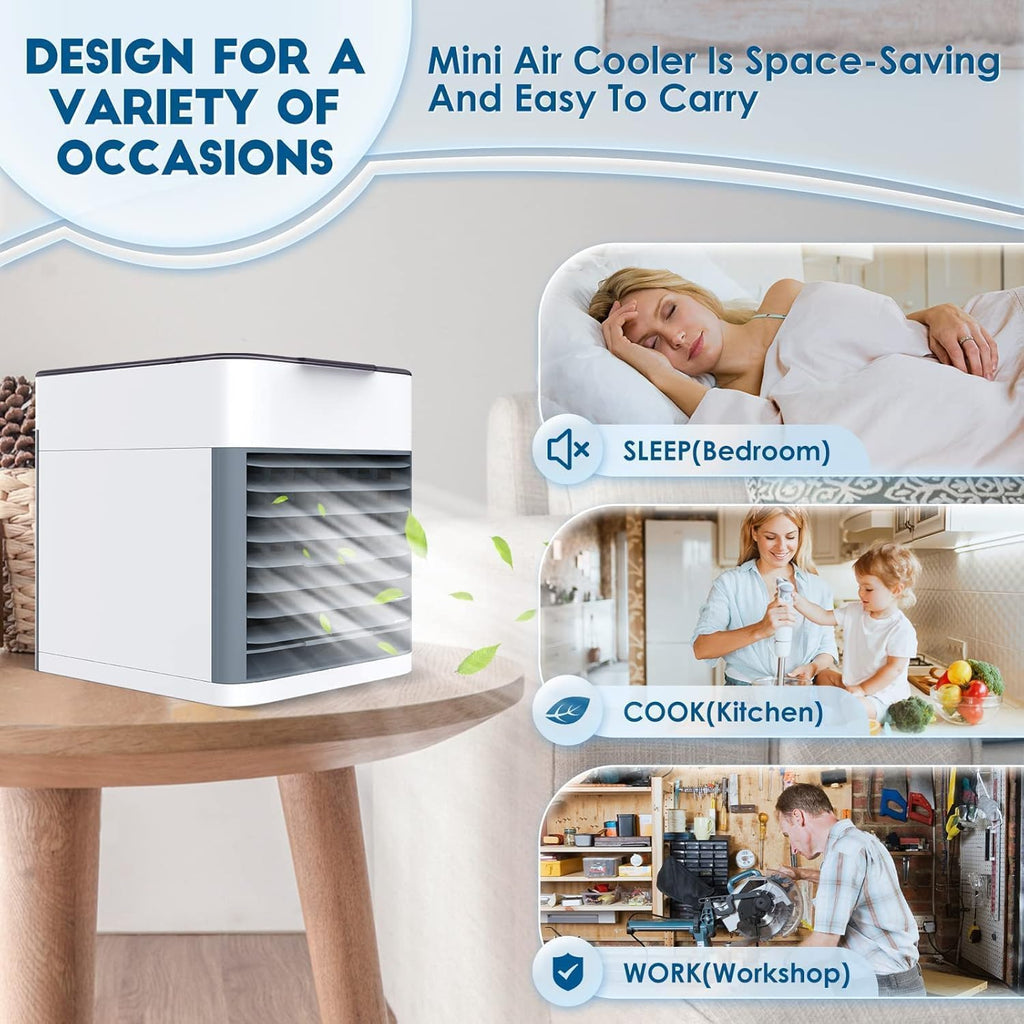 Portable Air Cooler – 3-in-1 Evaporative Mini Air Conditioner with 3 Speeds, USB Powered Personal Space Cooler, LED Night Light for Bedroom, Office, Kitchen & Camping