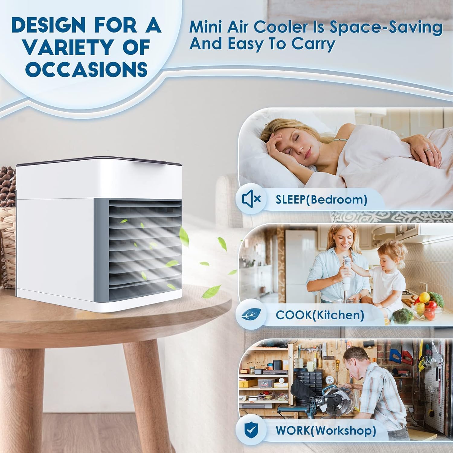 Portable Air Cooler – 3-in-1 Evaporative Mini Air Conditioner with 3 Speeds, USB Powered Personal Space Cooler, LED Night Light for Bedroom, Office, Kitchen & Camping